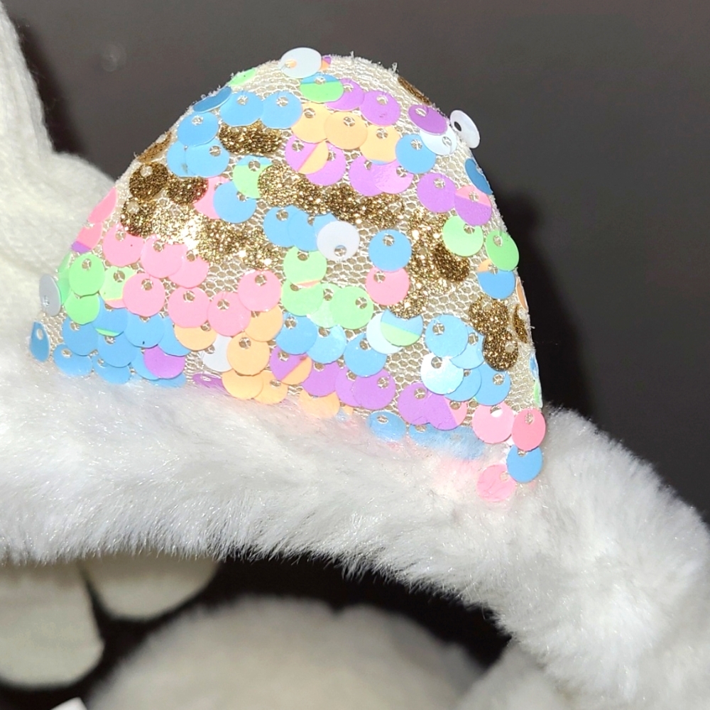 Girls 2-PC White/Pink Earmuffs Multi-Color Sequin Cat and Solid White Gloves NWT - Picture 3 of 8